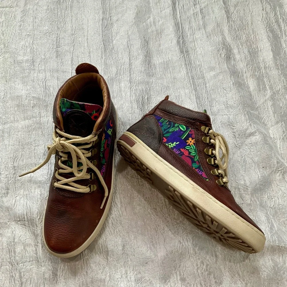 Inkkas Brown Leather Floral Cat Print High Top Sneakers Boots Womens 10 Mens 8